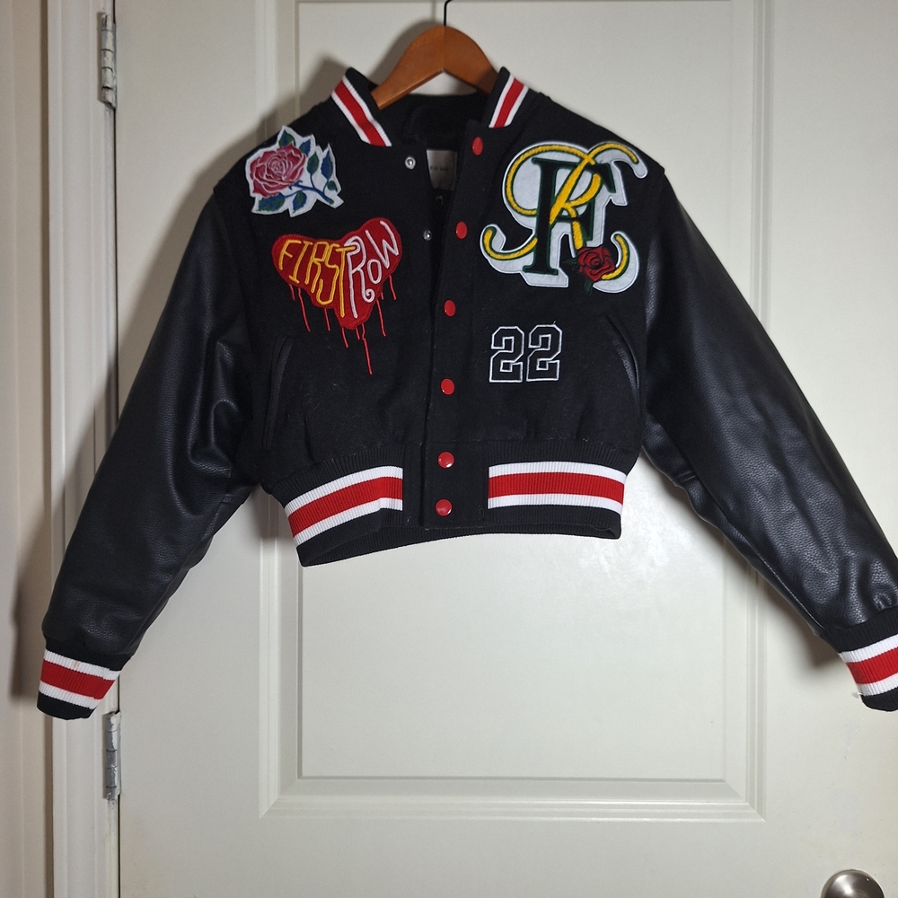 First Row Varsity Jacket in black with white and red accent Size Small